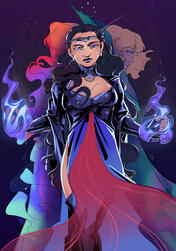 An illustration depicting three incarnations of Mystra, the goddess of magic in forgotten realms. The composition is reminiscent of depicitons of Hecate. In the front stands Midnight, the third form of the goddess, with long dark hair and a dress incorpora